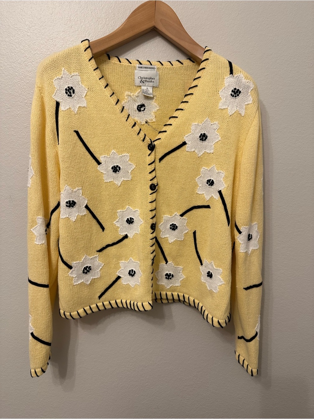 Christopher & Banks Yellow Floral V-Neck Cardigan Embroidered Sweater Grannycore
